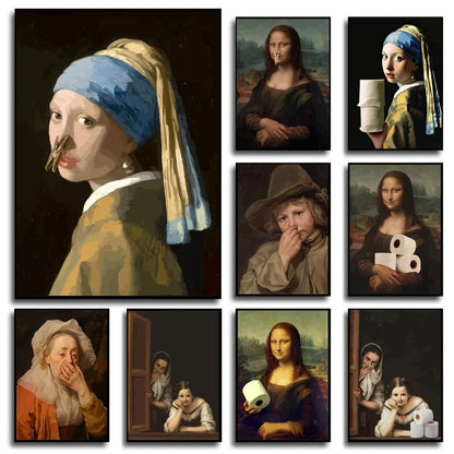 funny bathroom canvas with Mona Lisa and Girl with a Pearl Earring toilet-paper gag