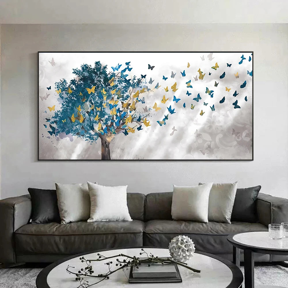 Abstract blue trees with butterfly Nordic canvas wall art
