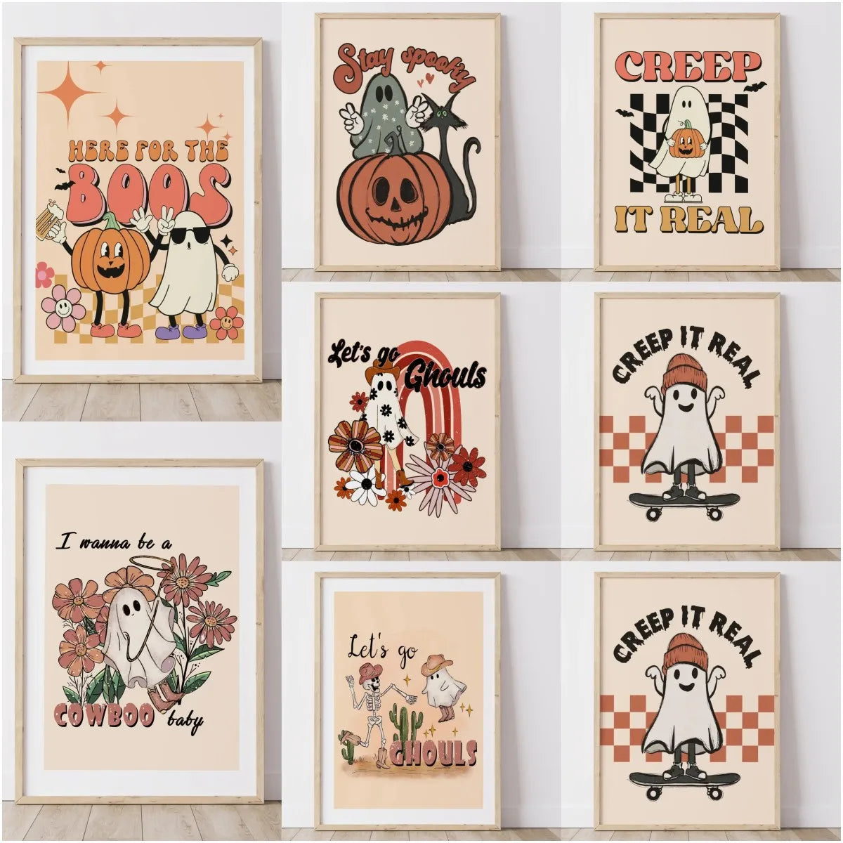 Vintage ghost and pumpkin Halloween “Creep It Real” canvas wall art
