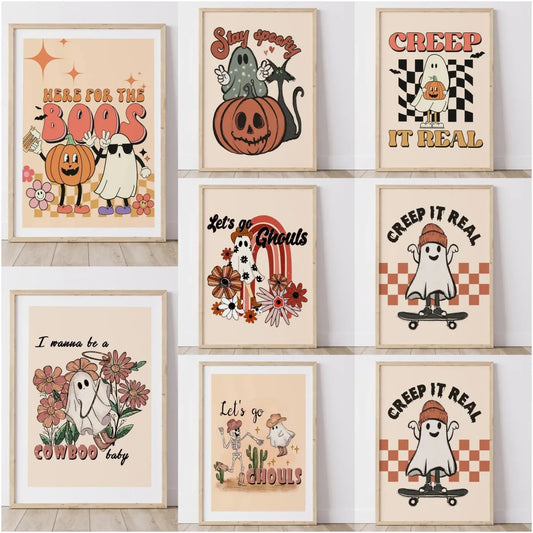 Vintage ghost and pumpkin Halloween “Creep It Real” canvas wall art