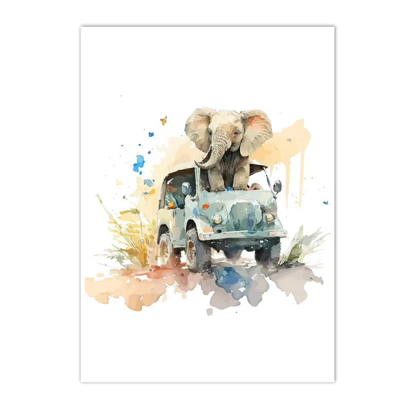 watercolor jungle animals lion elephant giraffe hippo nursery canvas