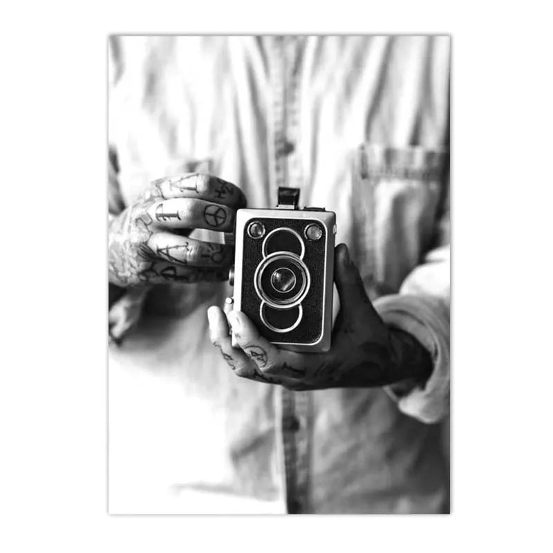 black and white vintage canvas with record camera and typewriter