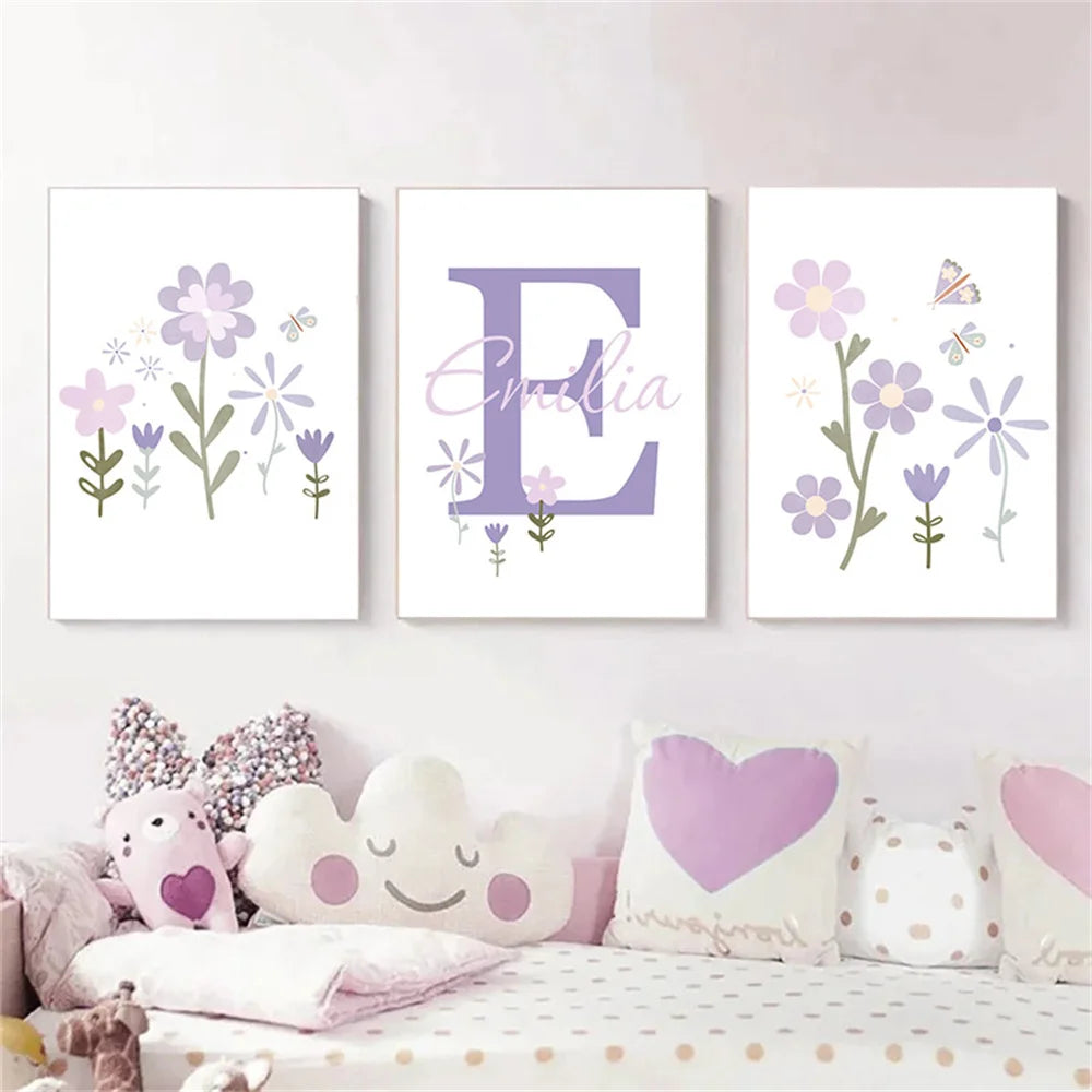 purple floral butterfly nursery canvas with custom baby name