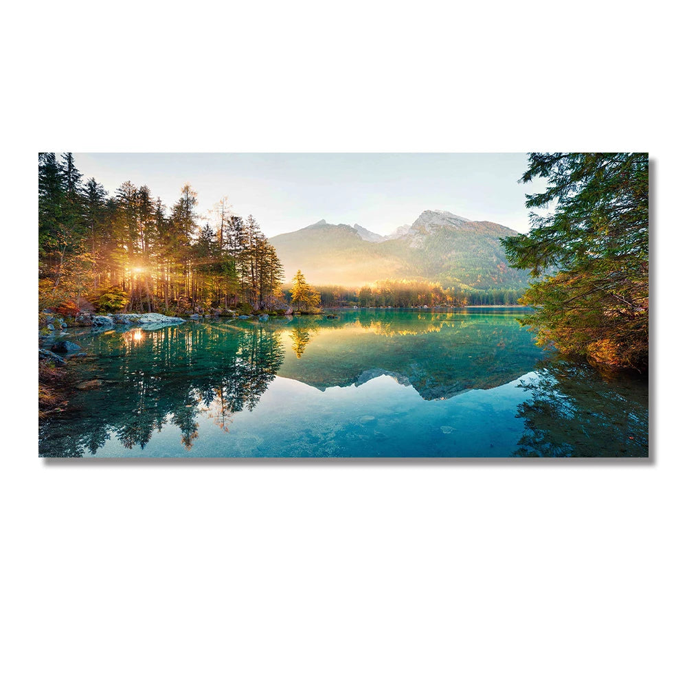 minimalist nordic landscape of mountain lake at sunset on canvas