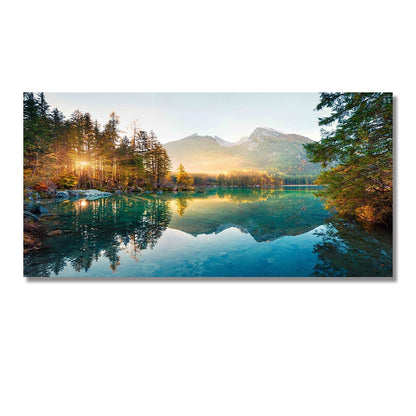 minimalist nordic landscape of mountain lake at sunset on canvas