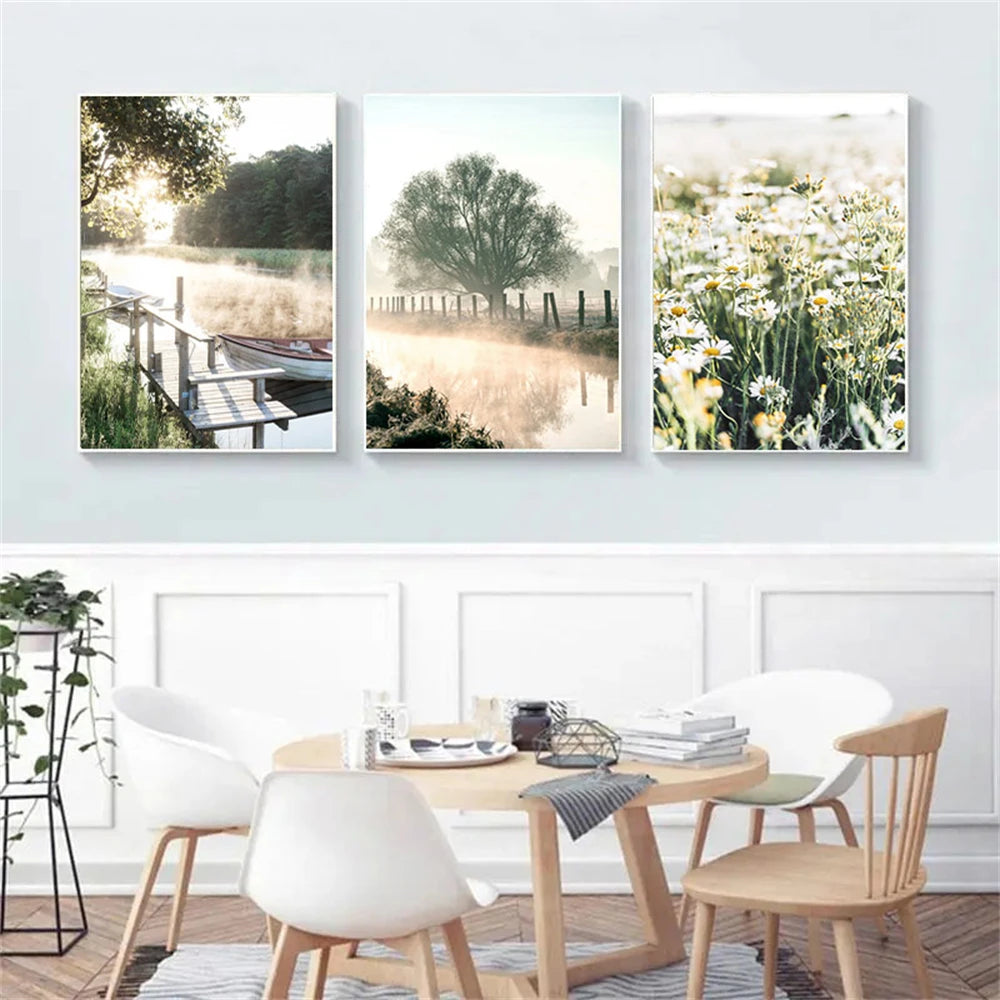 spring lake sunrise with reed grass and tree Nordic canvas wall art