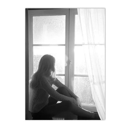 black and white abstract portrait of girl by window canvas