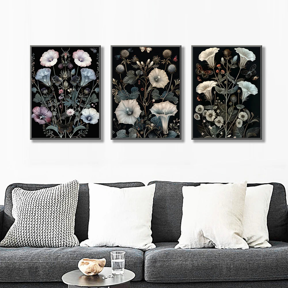 Vintage botanical butterfly with morning glory and ferns canvas