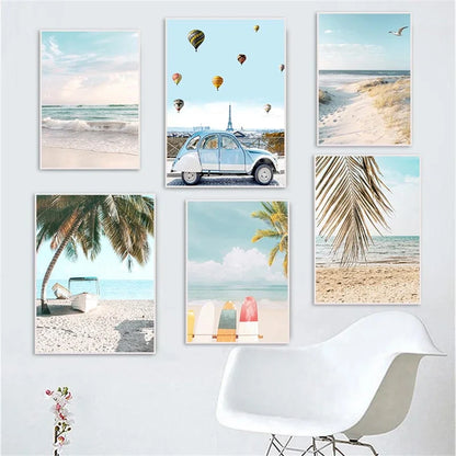 swan with surfboard under coconut tree tropical beach canvas wall art