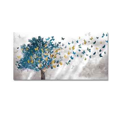 Abstract blue trees with butterfly Nordic canvas wall art