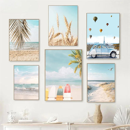 swan with surfboard under coconut tree tropical beach canvas wall art