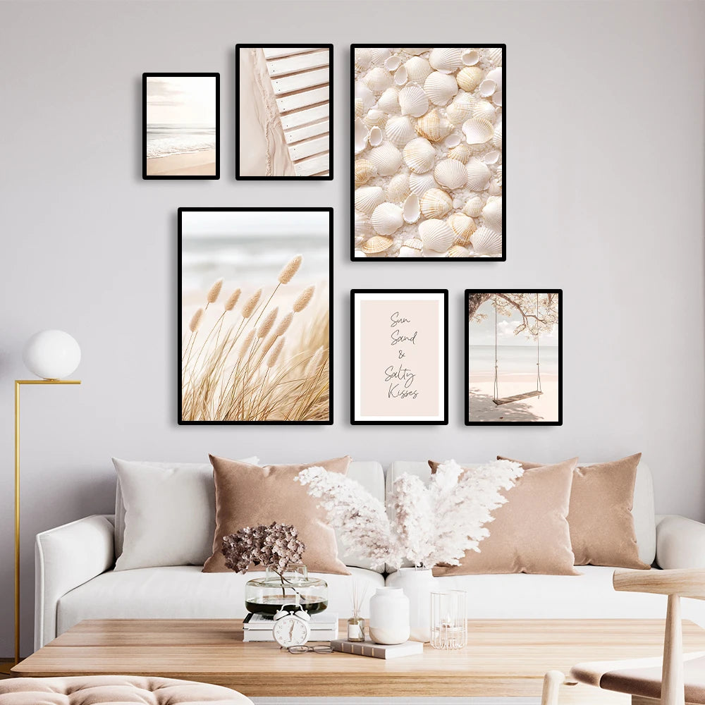 beach sunset with seagull and bridge with beige reeds Nordic canvas wall art