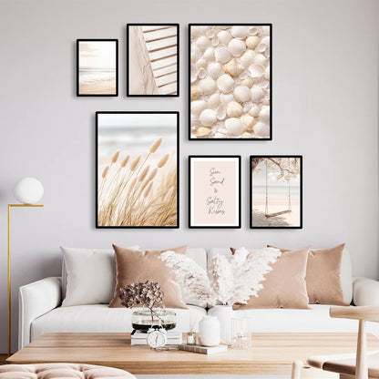 beach sunset with seagull and bridge with beige reeds Nordic canvas wall art