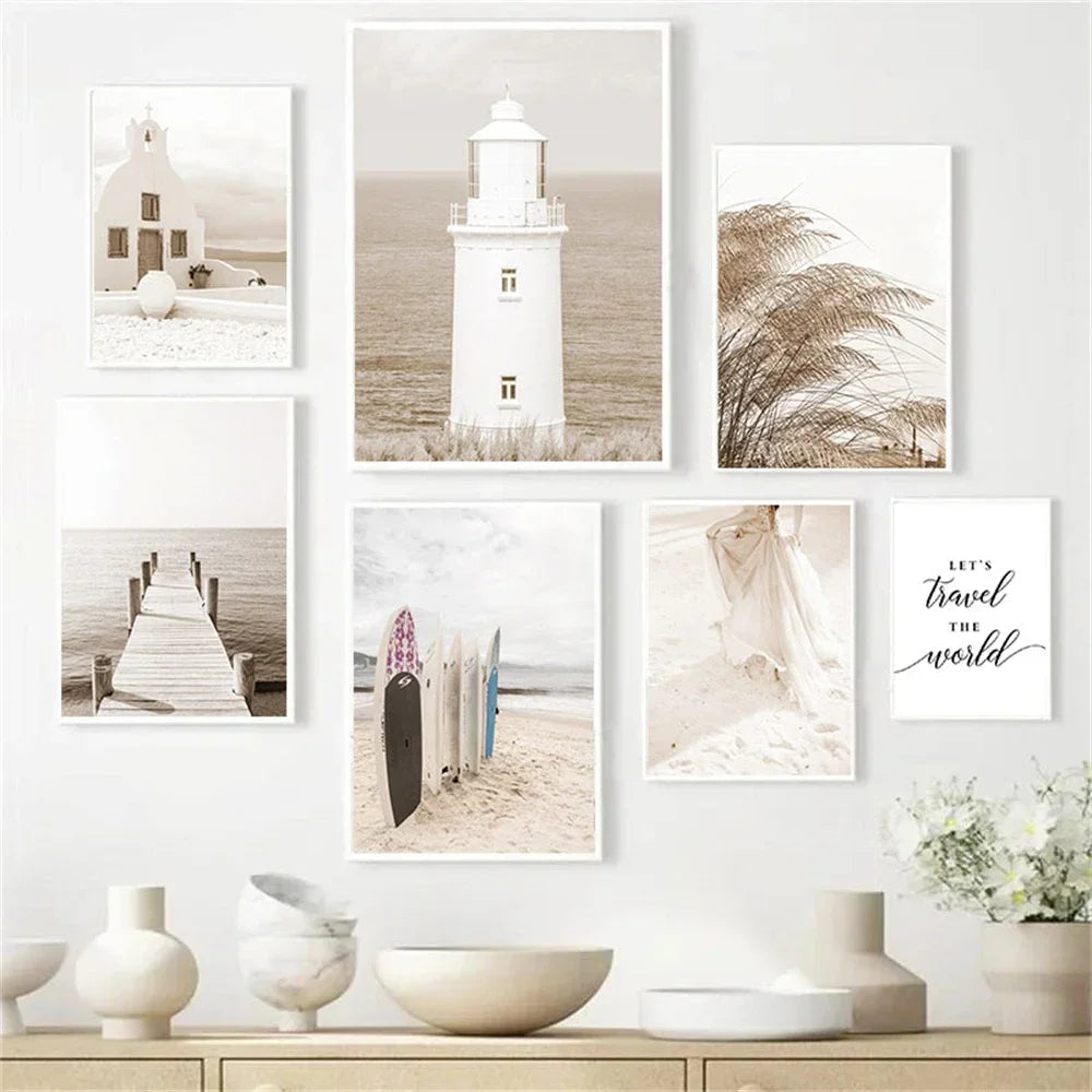 beige coastal canvas with surfboard lighthouse and reed bridge