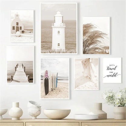 beige coastal canvas with surfboard lighthouse and reed bridge