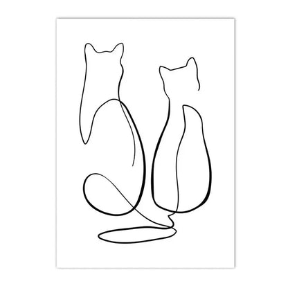 minimalist black and white cat and dog line art canvas wall art