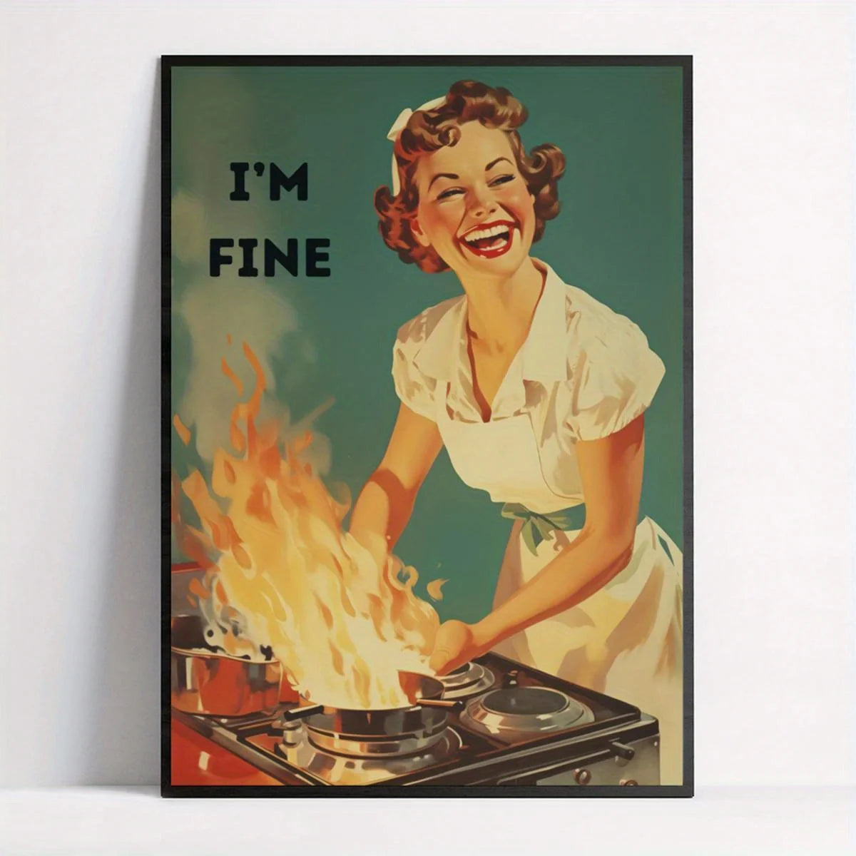 retro 50s housewife cooking cartoon frameless kitchen canvas