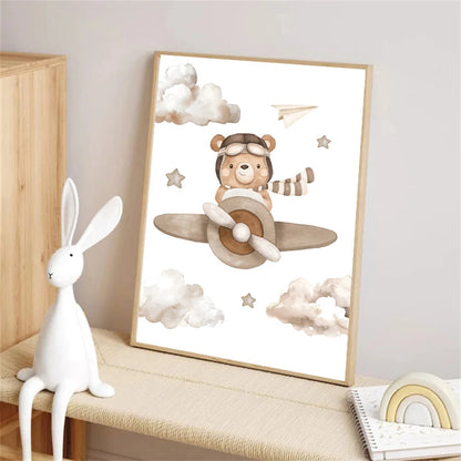 kawaii bear pilot with parachute nordic kids canvas