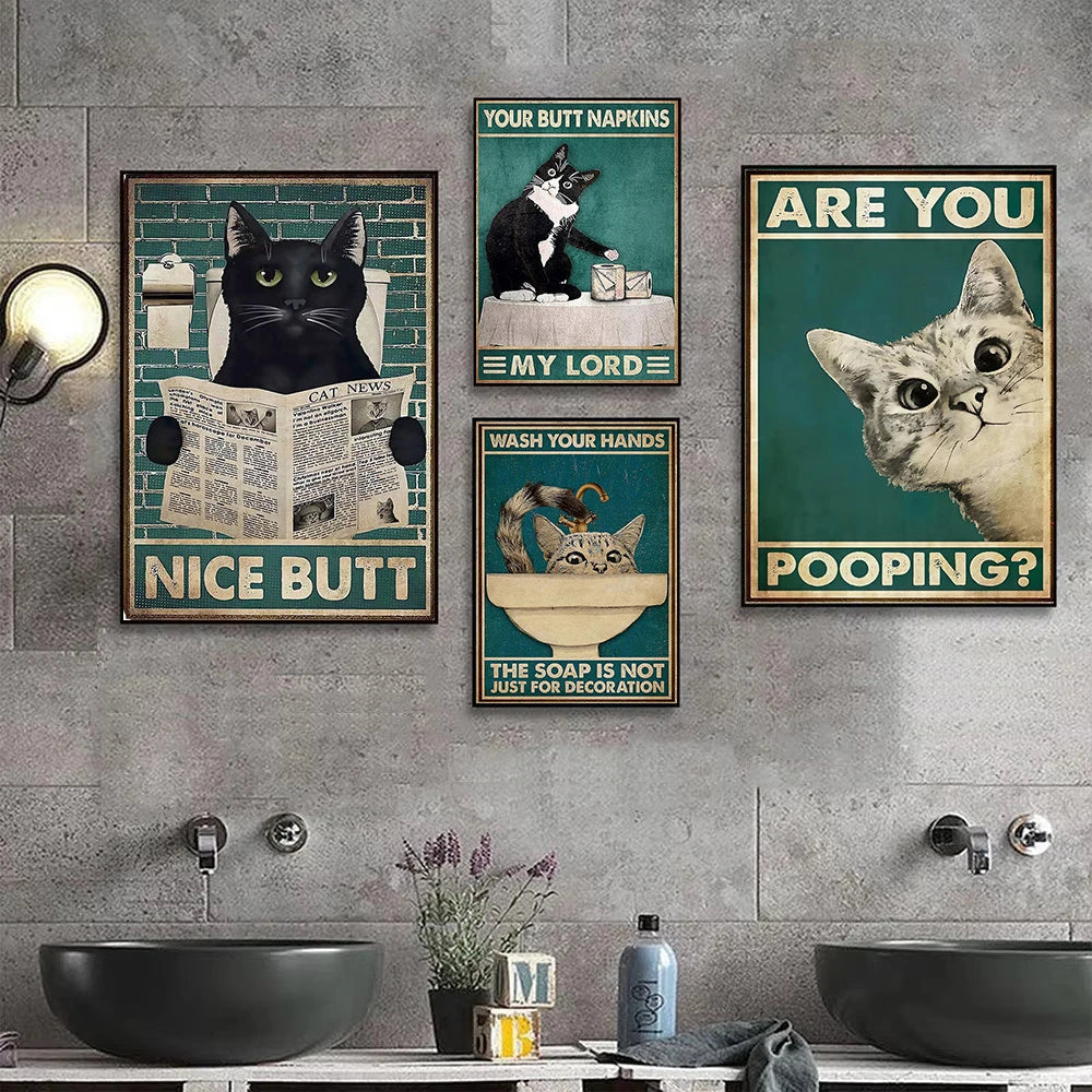 funny black cat are you pooping bathroom canvas sign