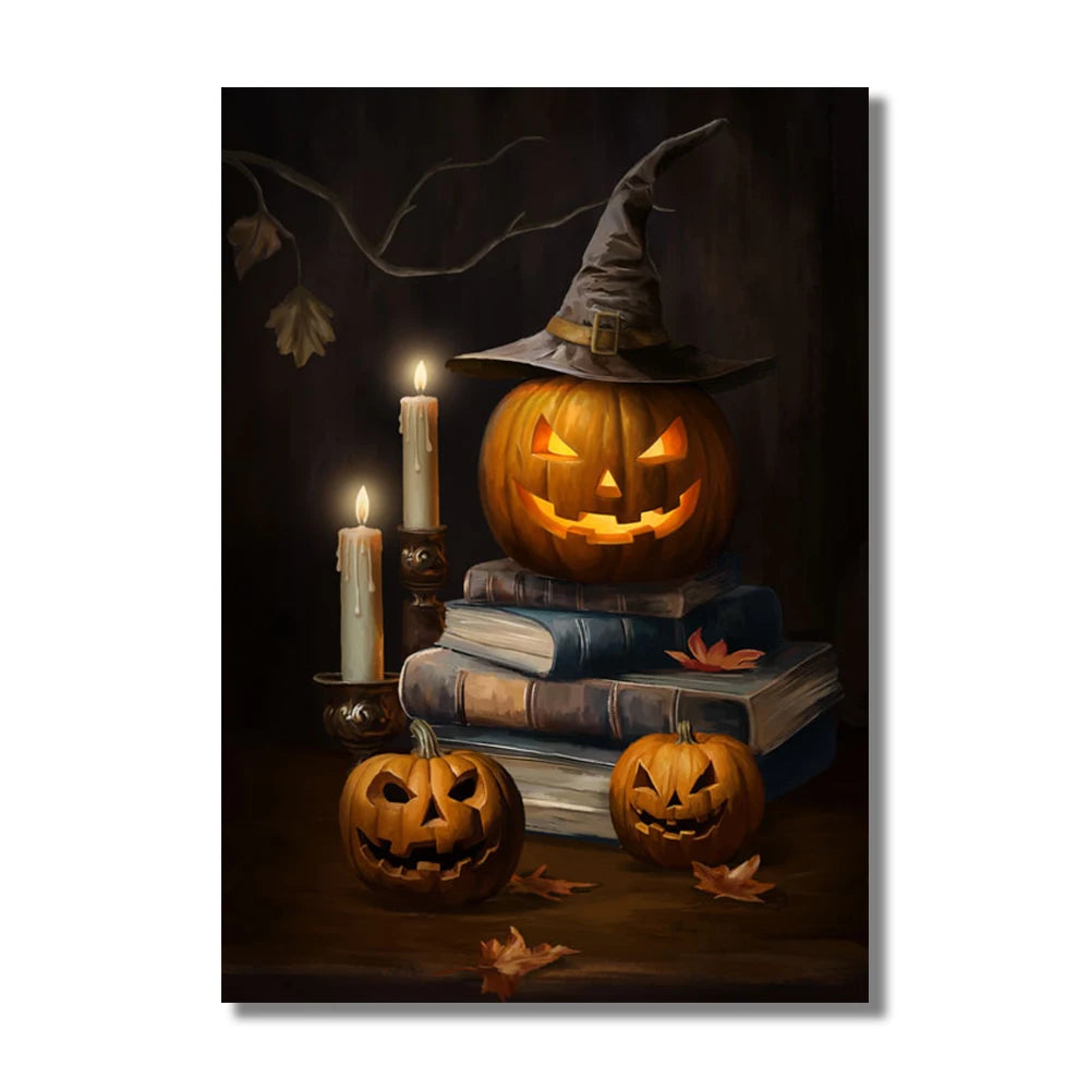 Vintage Halloween canvas with castle, skull, witch, and pumpkin head