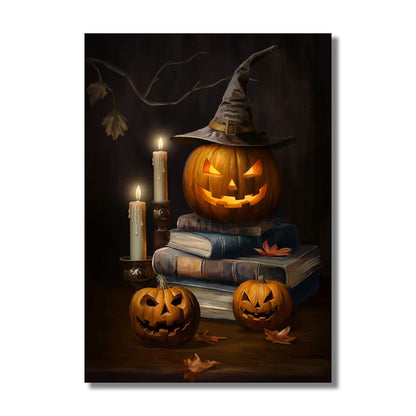 Vintage Halloween canvas with castle, skull, witch, and pumpkin head