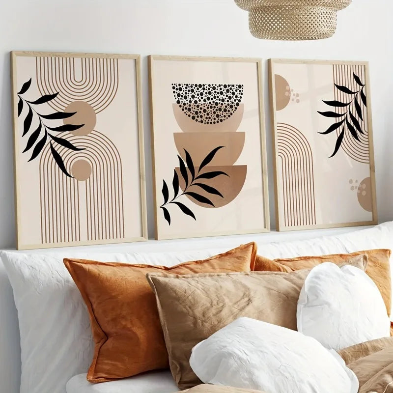 three piece boho geometric and leaf unframed canvas set
