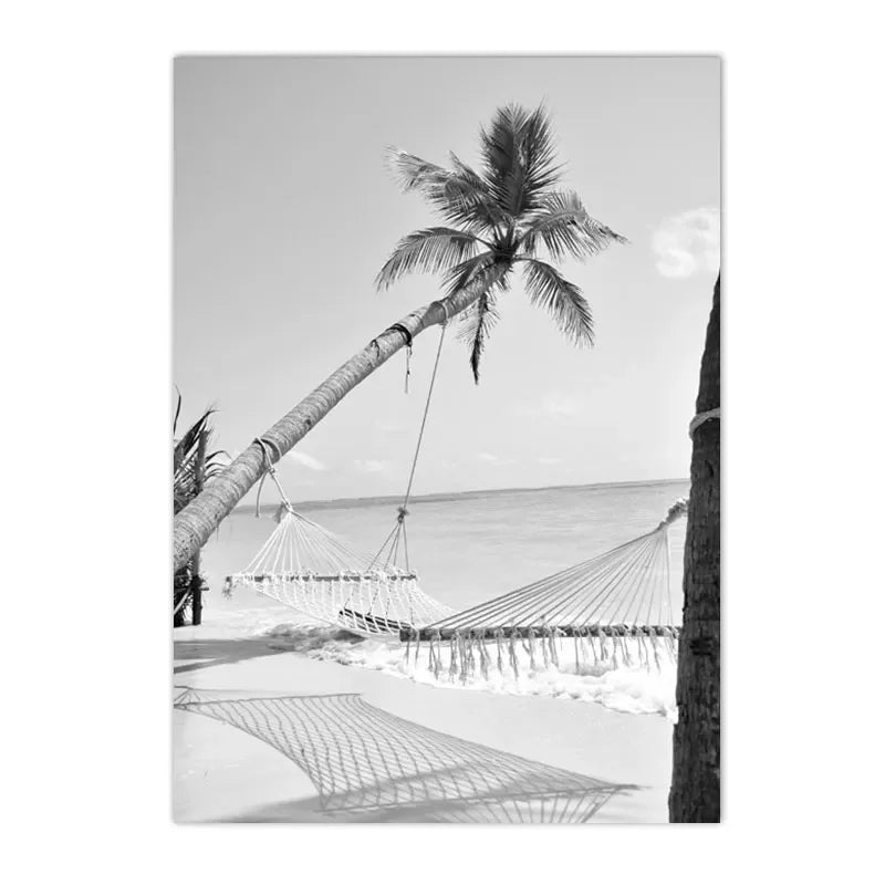 black and white coastal canvas with coconut palms sea and figure silhouette