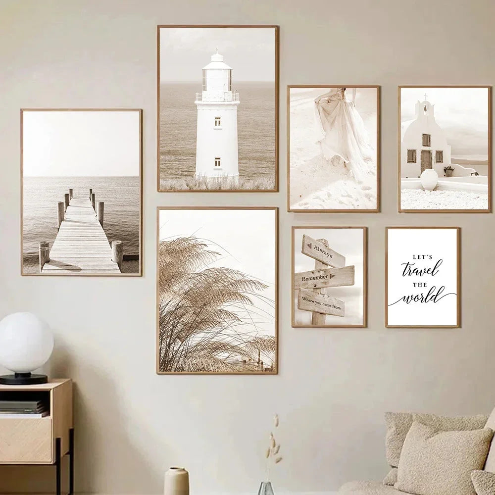 beige coastal canvas with surfboard lighthouse and reed bridge