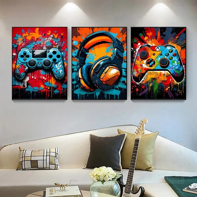 Colorful graffiti gaming controller canvas wall art