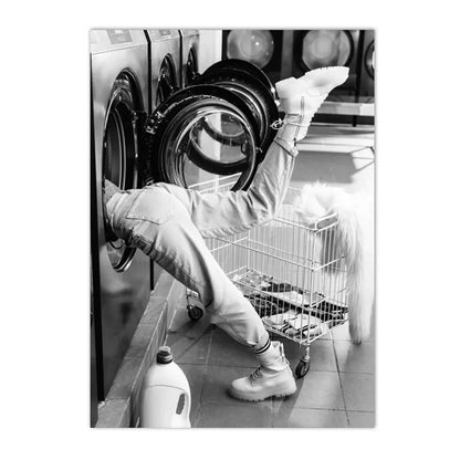 black and white fashion woman holding drink canvas wall art