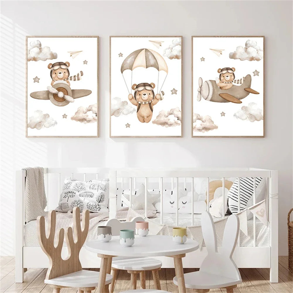 kawaii bear pilot with parachute nordic kids canvas