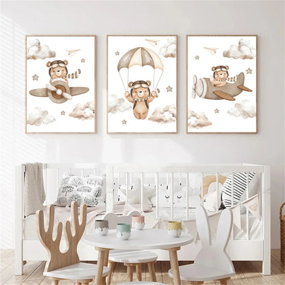 kawaii bear pilot with parachute nordic kids canvas
