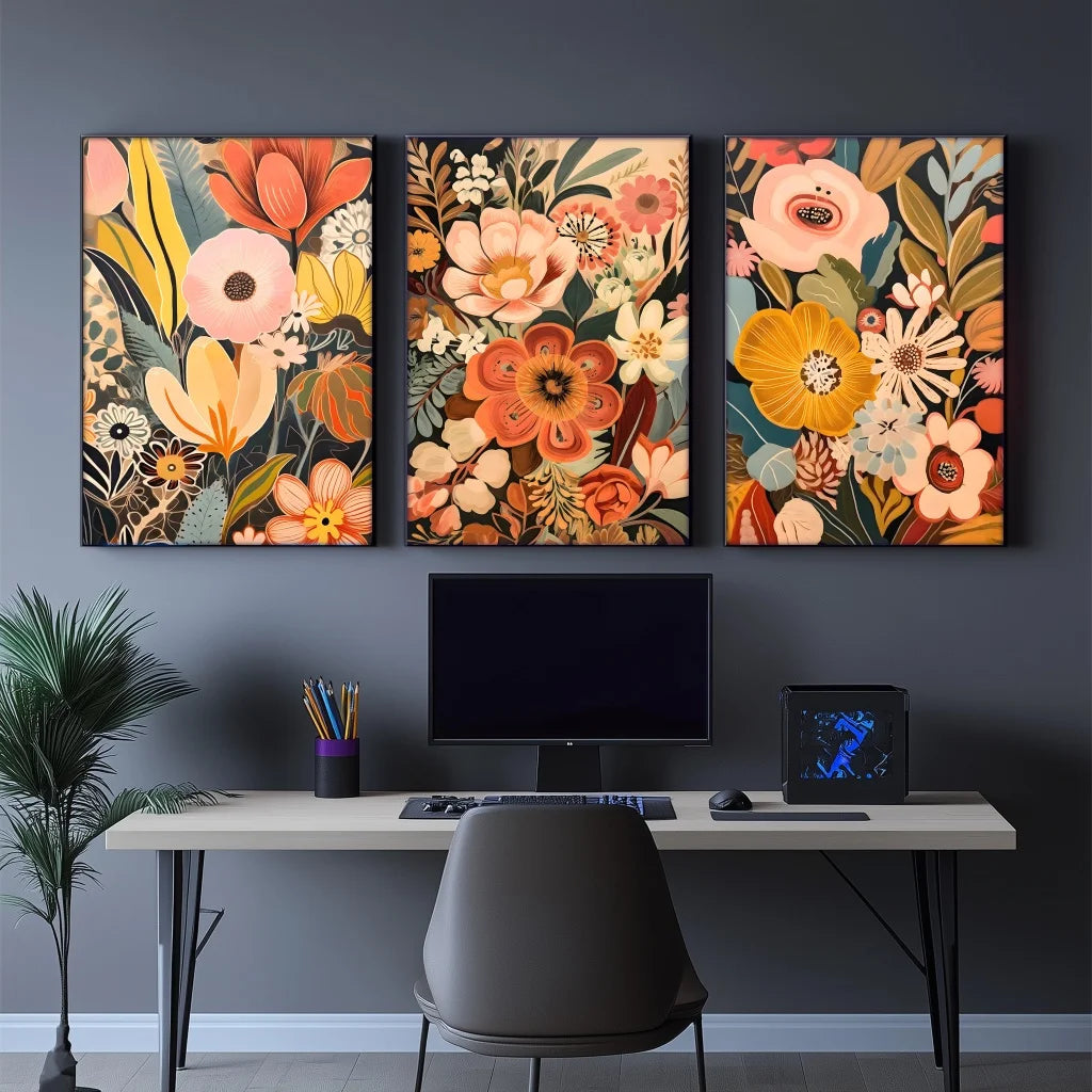 art deco floral three piece coordinated canvas set