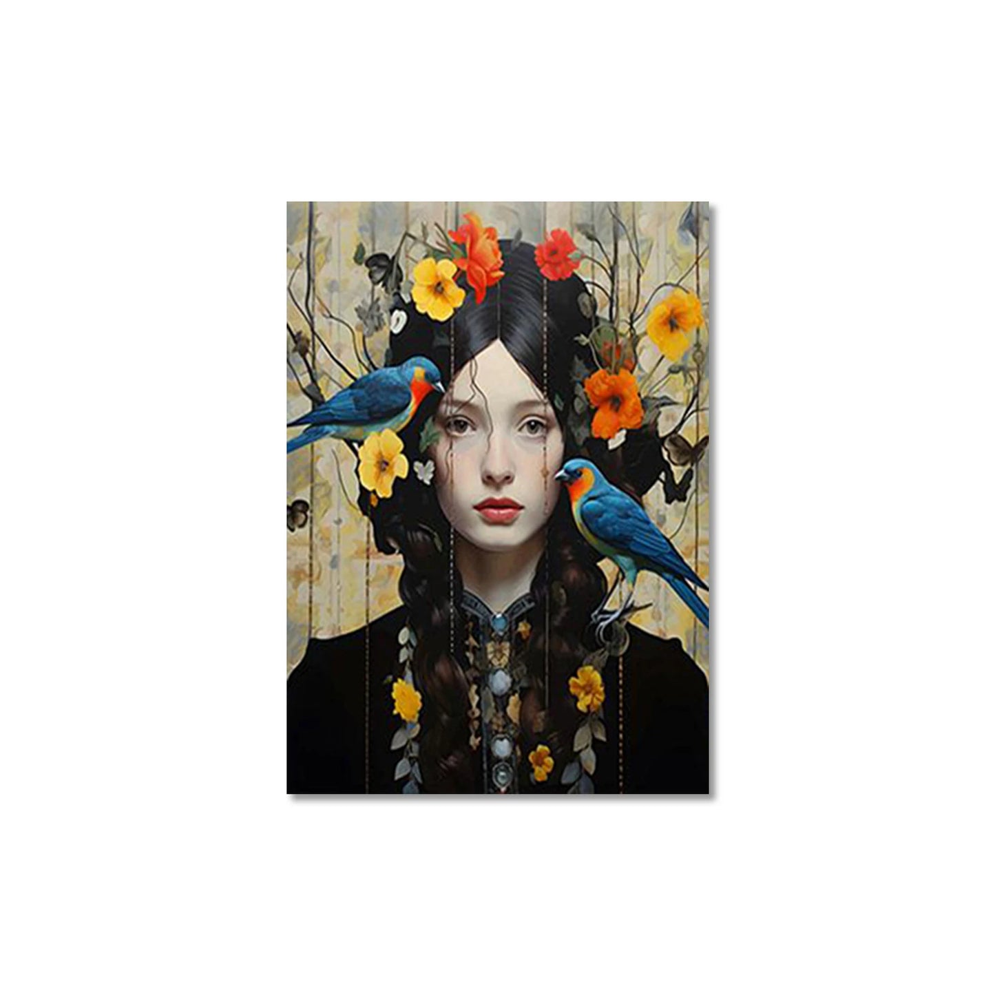 nordic scandinavian portrait woman with glasses flowers and birds canvas