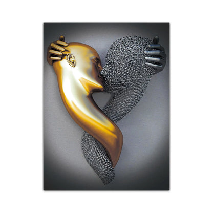 golden lovers metal statue abstract romantic canvas wall art