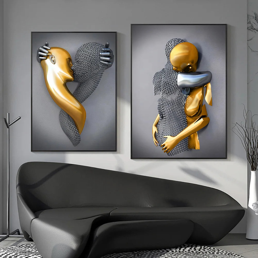 golden lovers metal statue abstract romantic canvas wall art