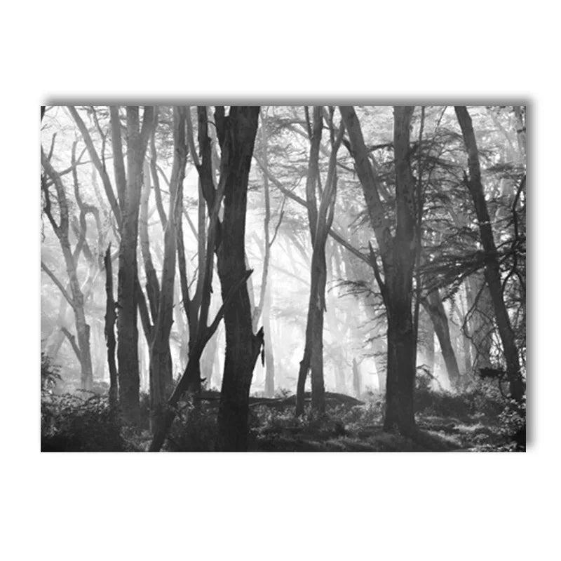 black and white foggy forest canvas with tree branch and deer
