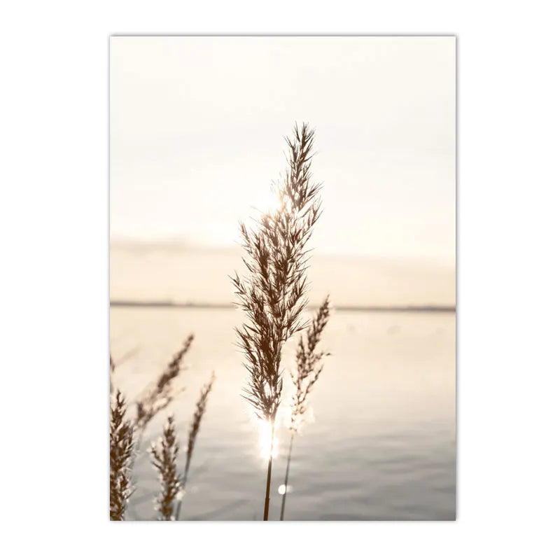 spring lake sunrise with reed grass and tree Nordic canvas wall art