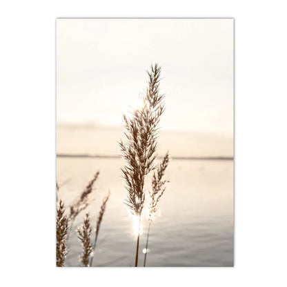 spring lake sunrise with reed grass and tree Nordic canvas wall art