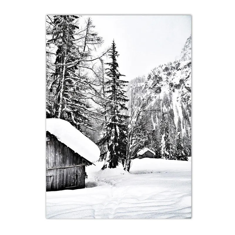 black and white winter ski scene with dog deer and snowy forest on canvas