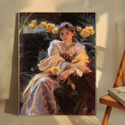 French vintage maiden with flowers portrait canvas wall art