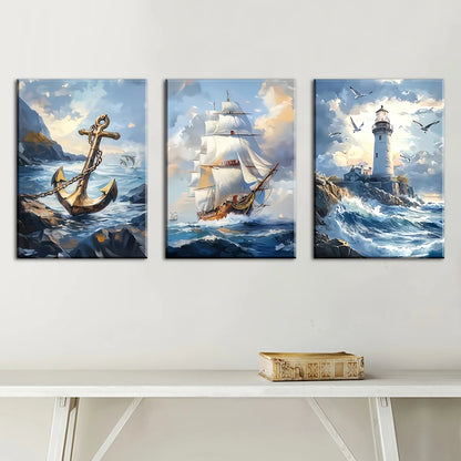 Nautical ships and anchors three-piece canvas wall art