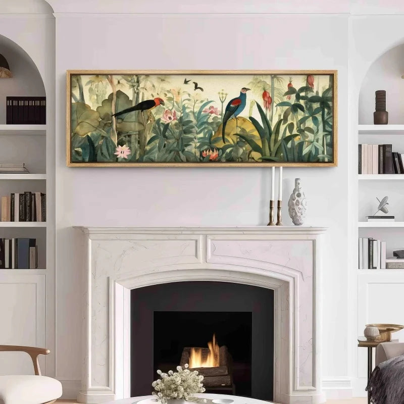 panoramic botanical floral canvas styled above a bed