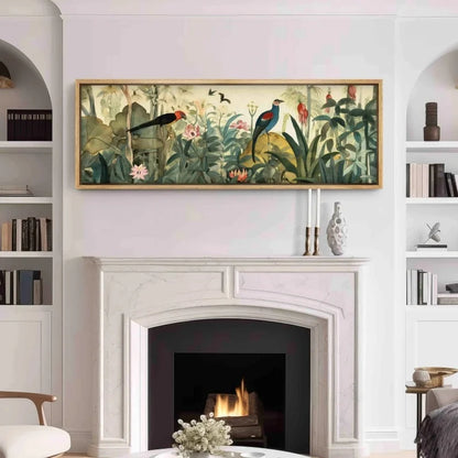 panoramic botanical floral canvas styled above a bed