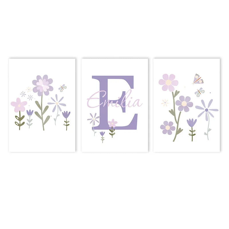 purple floral butterfly nursery canvas with custom baby name