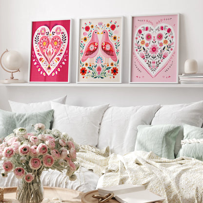 Three-piece folk-art hearts and birds Valentine canvas