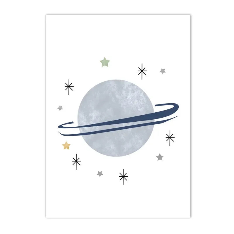 earth with spaceship, moon, stars and rainbow kids canvas wall art