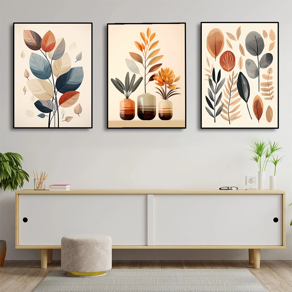 three piece retro leaf and watercolor vase abstract canvas set