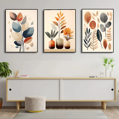 three piece retro leaf and watercolor vase abstract canvas set