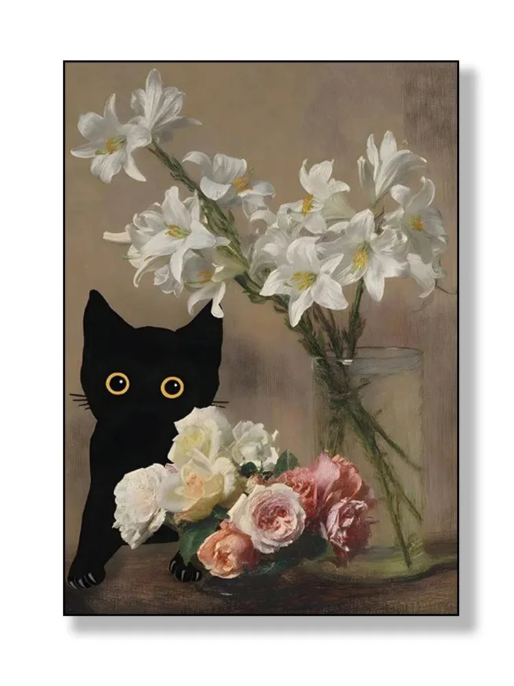 black cat with impressionist water lilies canvas wall art